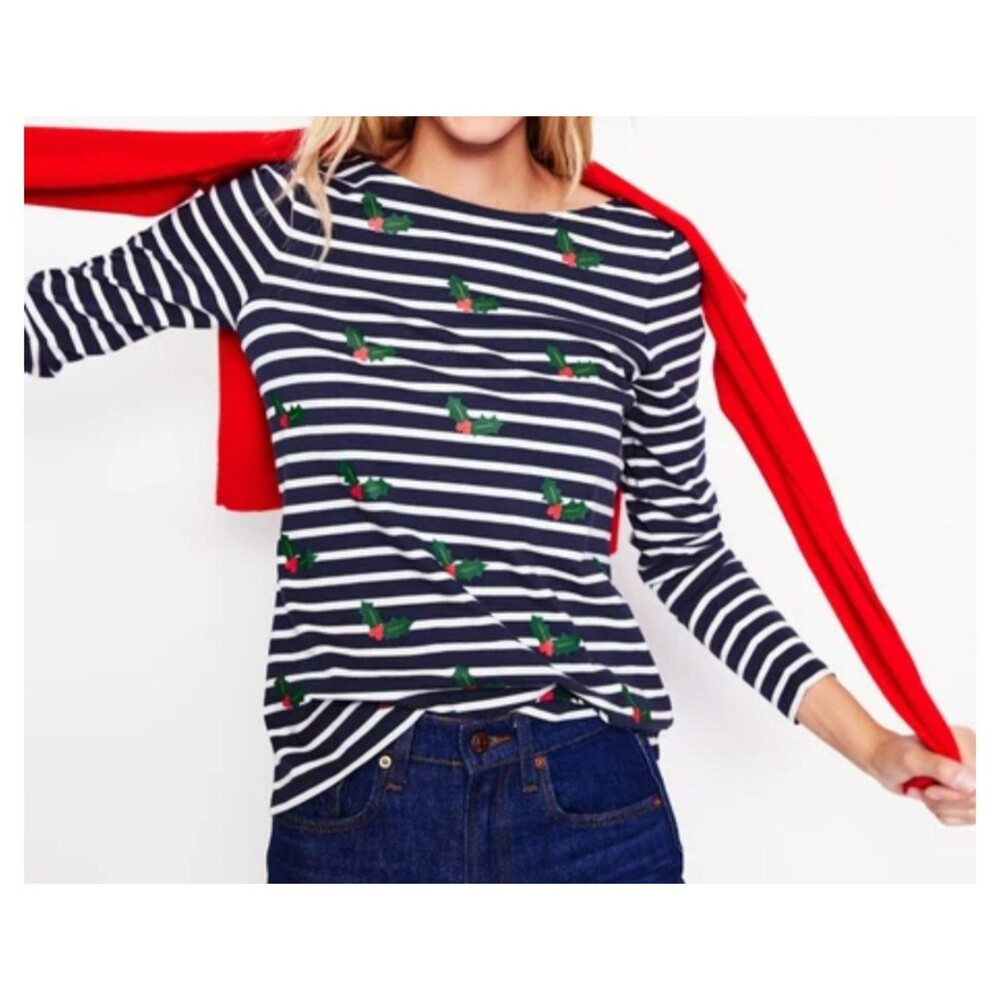 BODEN Ella Long Sleeve Breton Striped Holly Tee Shirt 10 Cotton Navy Blue White